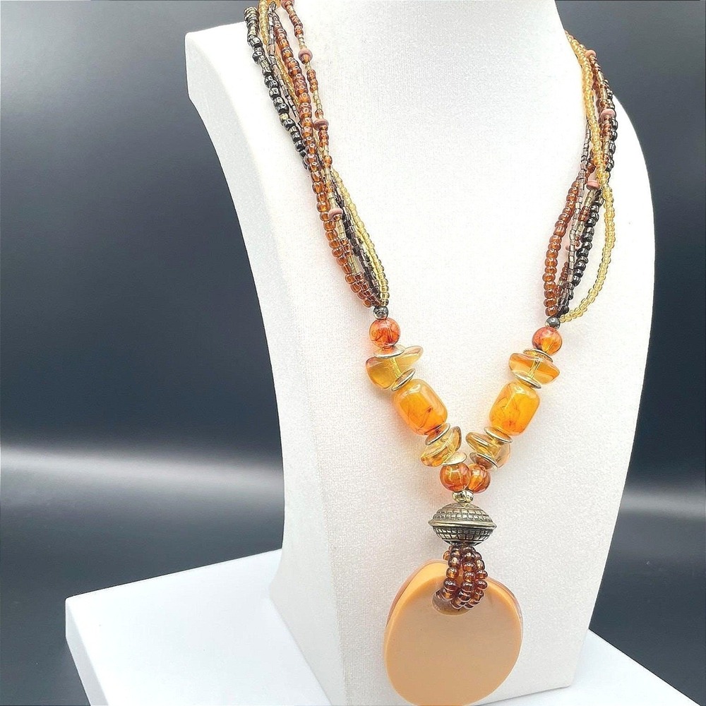 Necklace Multi Strand Beaded Boho Statement Faux Amber Shell Pendant Earthy